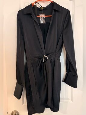 House of Harlow 1960 Black Satin Rhinestone Buckle Shirt Dress - NWT